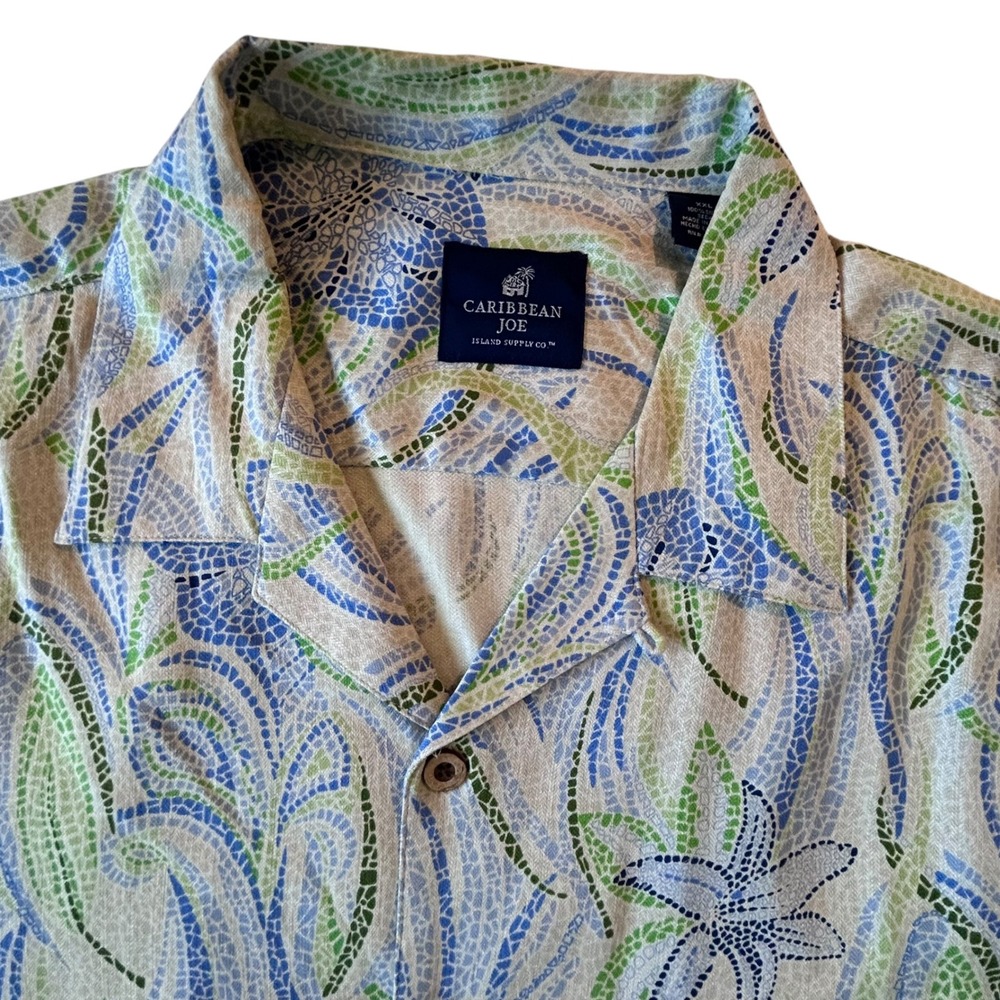Caribbean Joe Mens XXL Silk Short Sleeve Floral Camp Shirt Green Yellow Blue